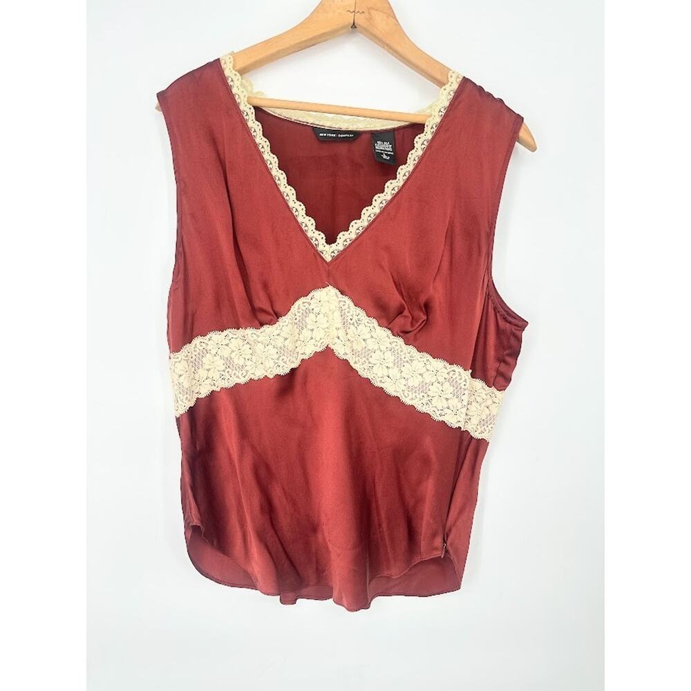 Vintage Y2K New York and Company Silk Babydoll Cami Tank Top Lace Trim Size L